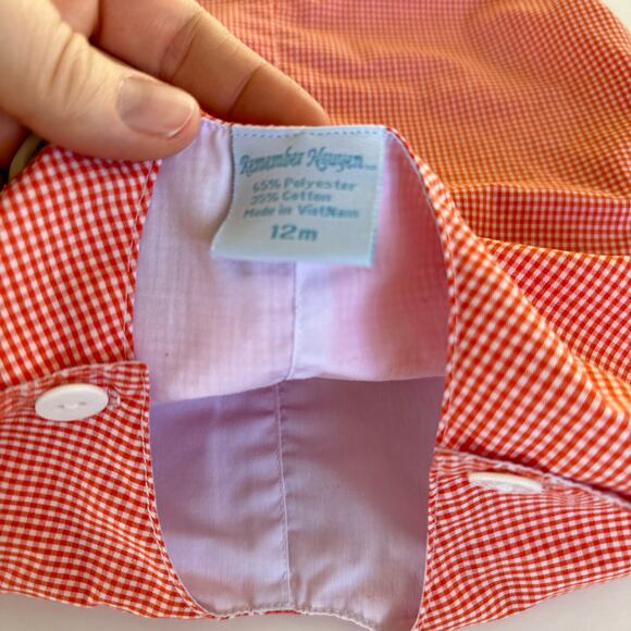 Remember Nguyen Orange Gingham Check Smocked Football Shortall -12M - Picture 6 of 6